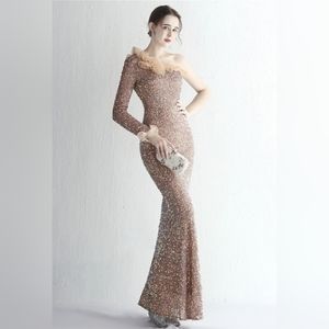 NWOT Chicwish One-Shoulder Organza Trim Sequined Gown in Light Tan. XS